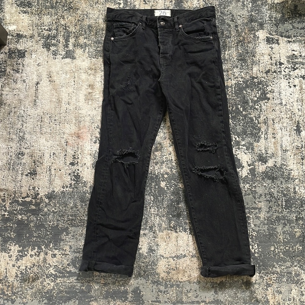 High waisted black distressed jeans